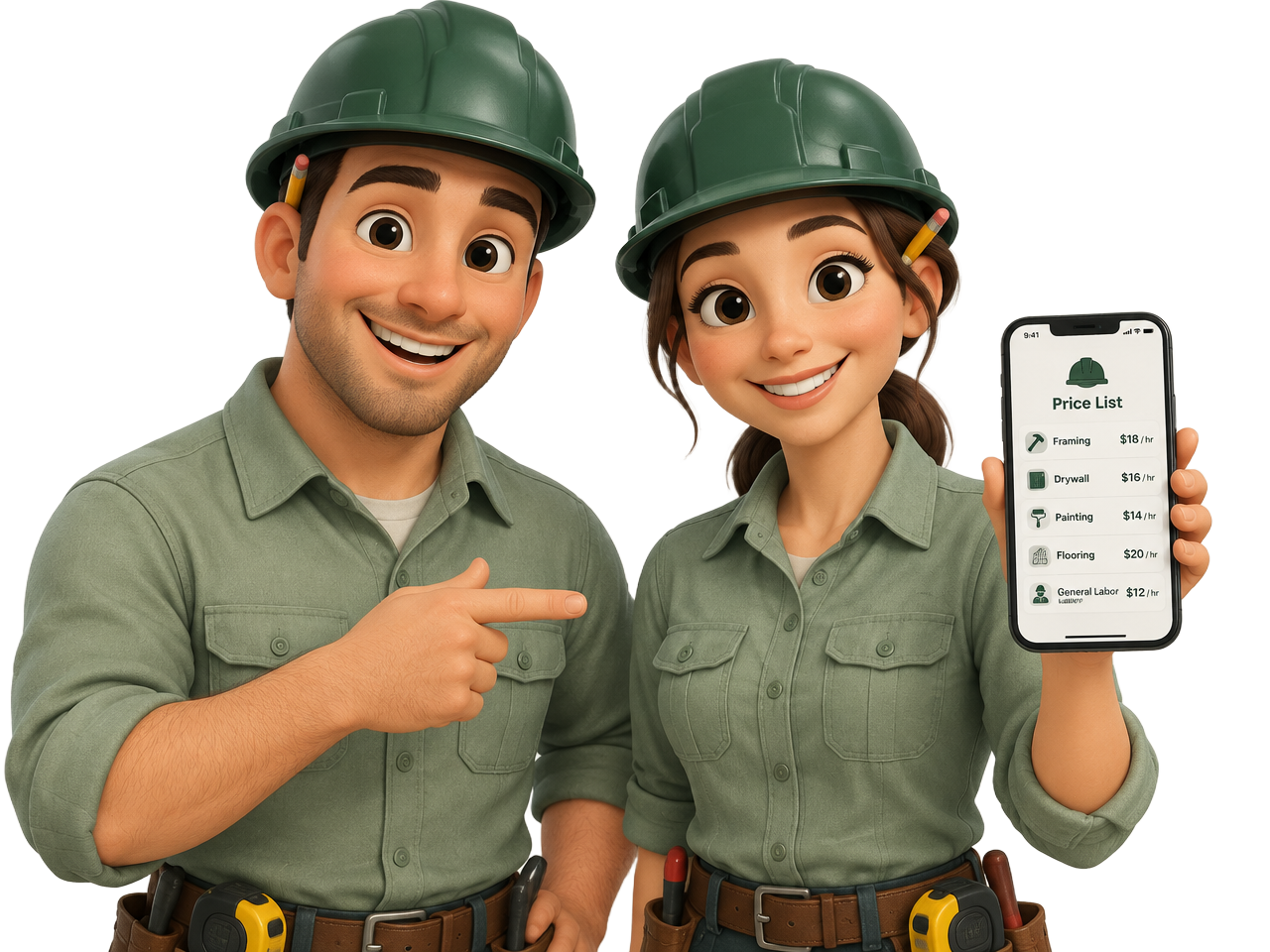 Two friendly builders — one pointing at the job setup form, one showing a price list on a phone